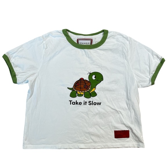 CHNGE Ringer Baby Tee Turtle Graphic T-Shirt White Green Size XL Cropped Cotton - Picture 1 of 10